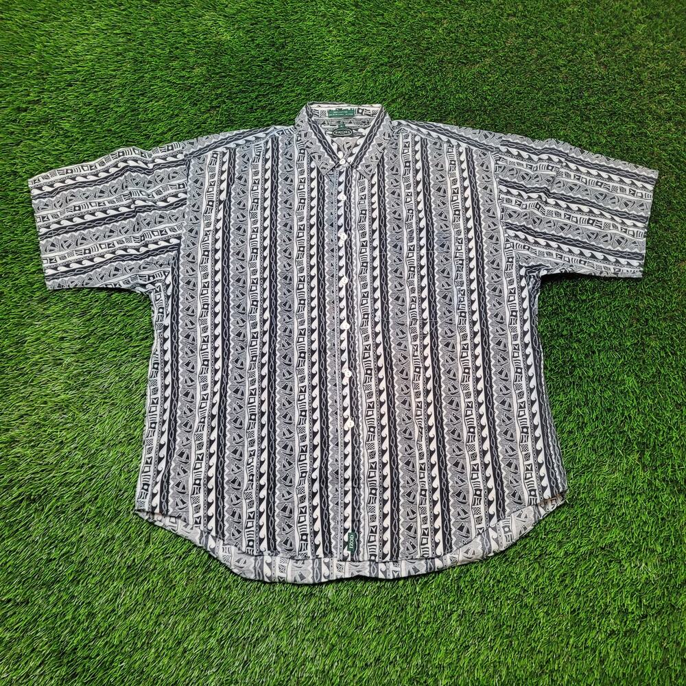 VTG 90s Izod AOP Geometric Shirt Mens XL Black and White Boxy Fit Baggy